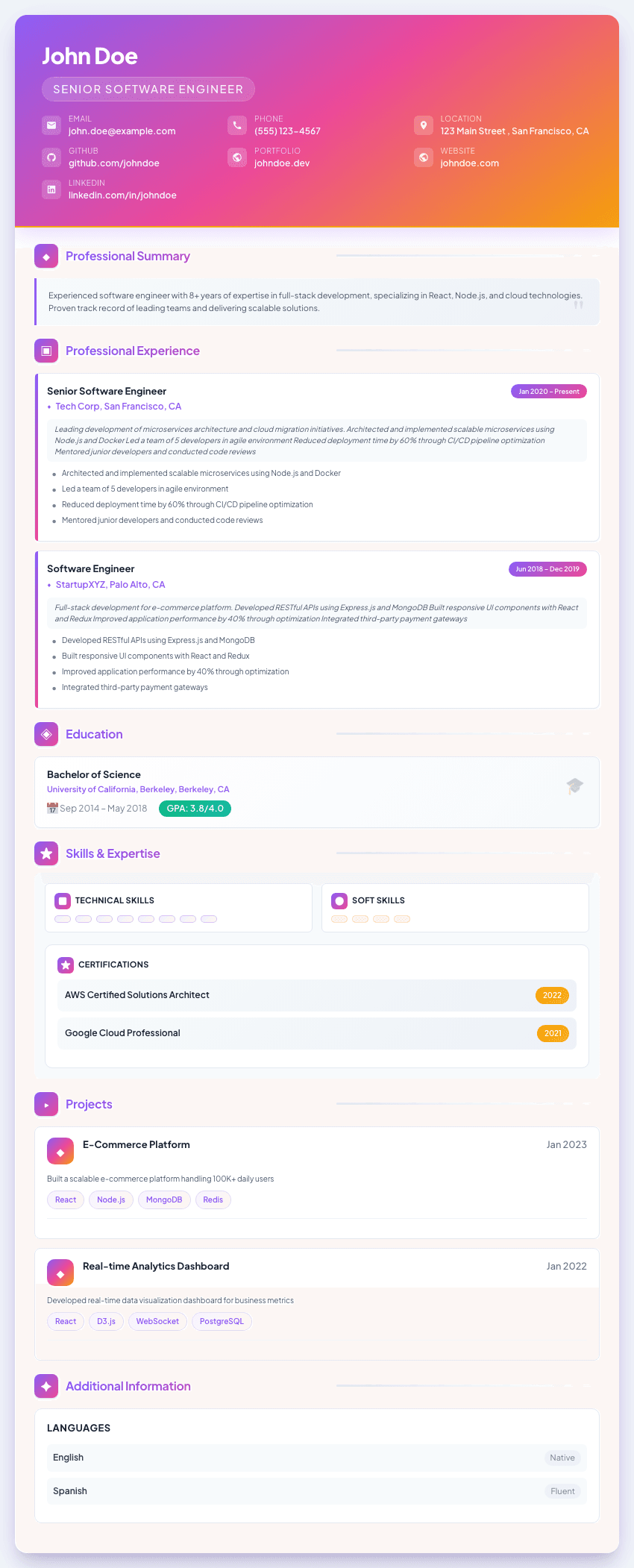Apex resume template - Peak professional design with purple-to-pink gradients, gold accents, and animated shimmer effects. Premium professional resume template for ATS optimization.
