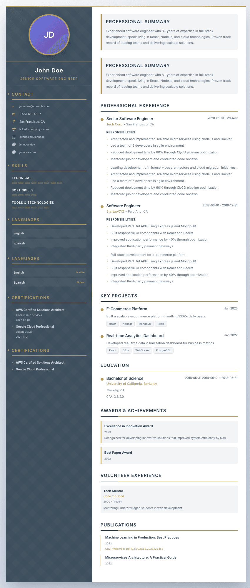 Atlas resume template - Professional 2-column design with dark blue sidebar, circular photo, and clean modern layout. Premium professional resume template for ATS optimization.