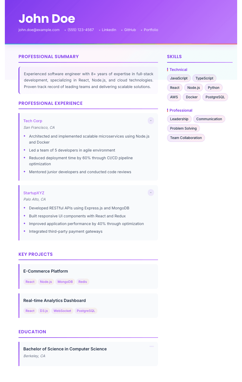 Aurora resume template - Northern lights inspired design with purple/lavender gradients and modern aesthetics. Premium professional resume template for ATS optimization.