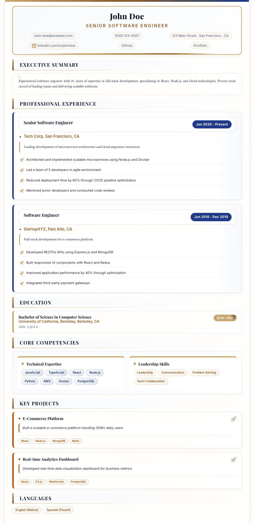 Executive Premium resume template - Sophisticated design for senior positions. Free professional resume template for ATS optimization.