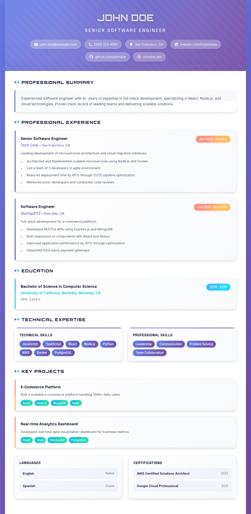 Futuristic Gradient resume template - Gradient accents and futuristic styling. Premium professional resume template for ATS optimization.