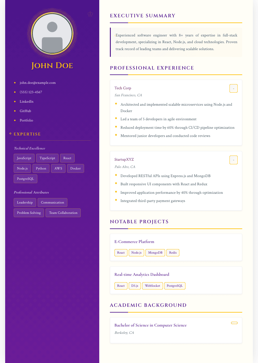 Imperial resume template - Regal design with royal purple and gold accents, elegant serif typography, and distinguished styling. Premium professional resume template for ATS optimization.