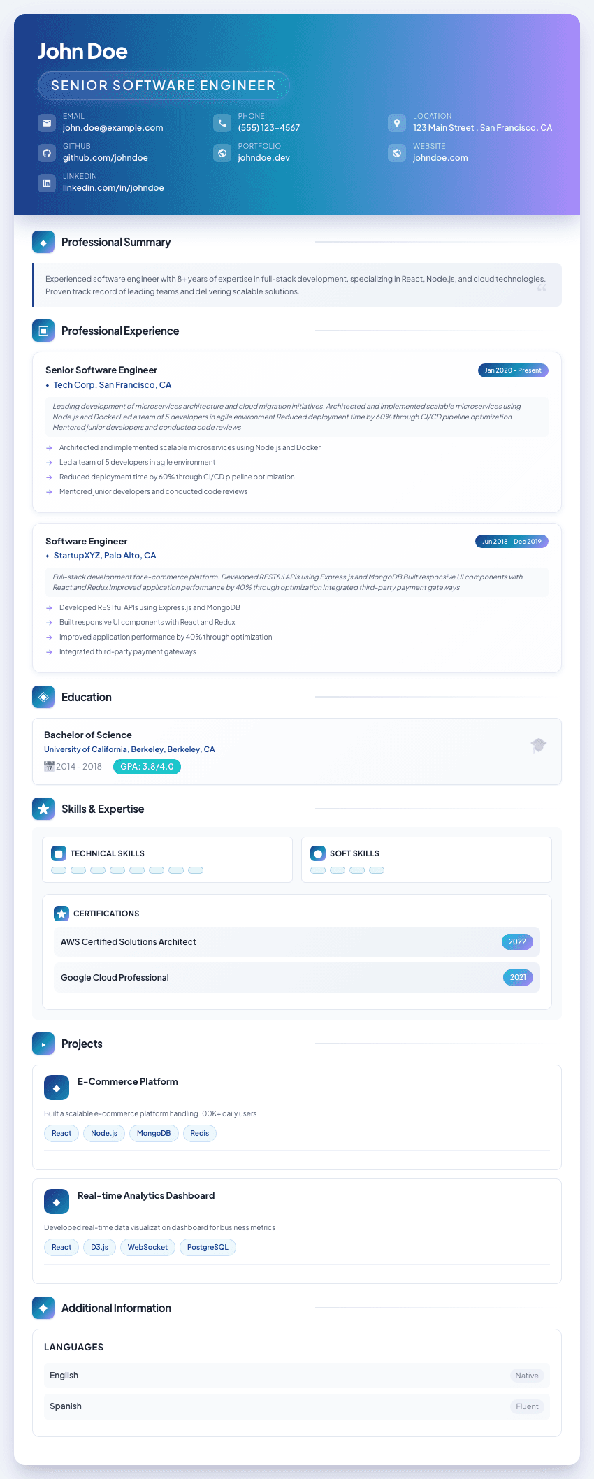 Infinity resume template - Cosmic design with deep space blues, infinite gradients, and mesmerizing animations. Premium professional resume template for ATS optimization.