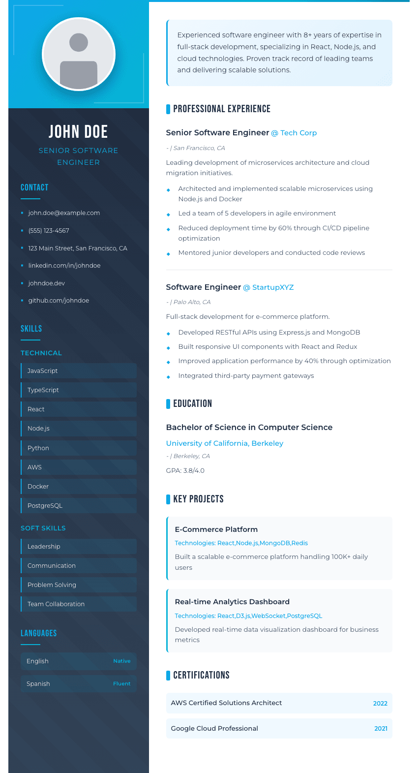 Maverick resume template - Bold 2-column design with electric blue accents and professional photo section. Premium professional resume template for ATS optimization.
