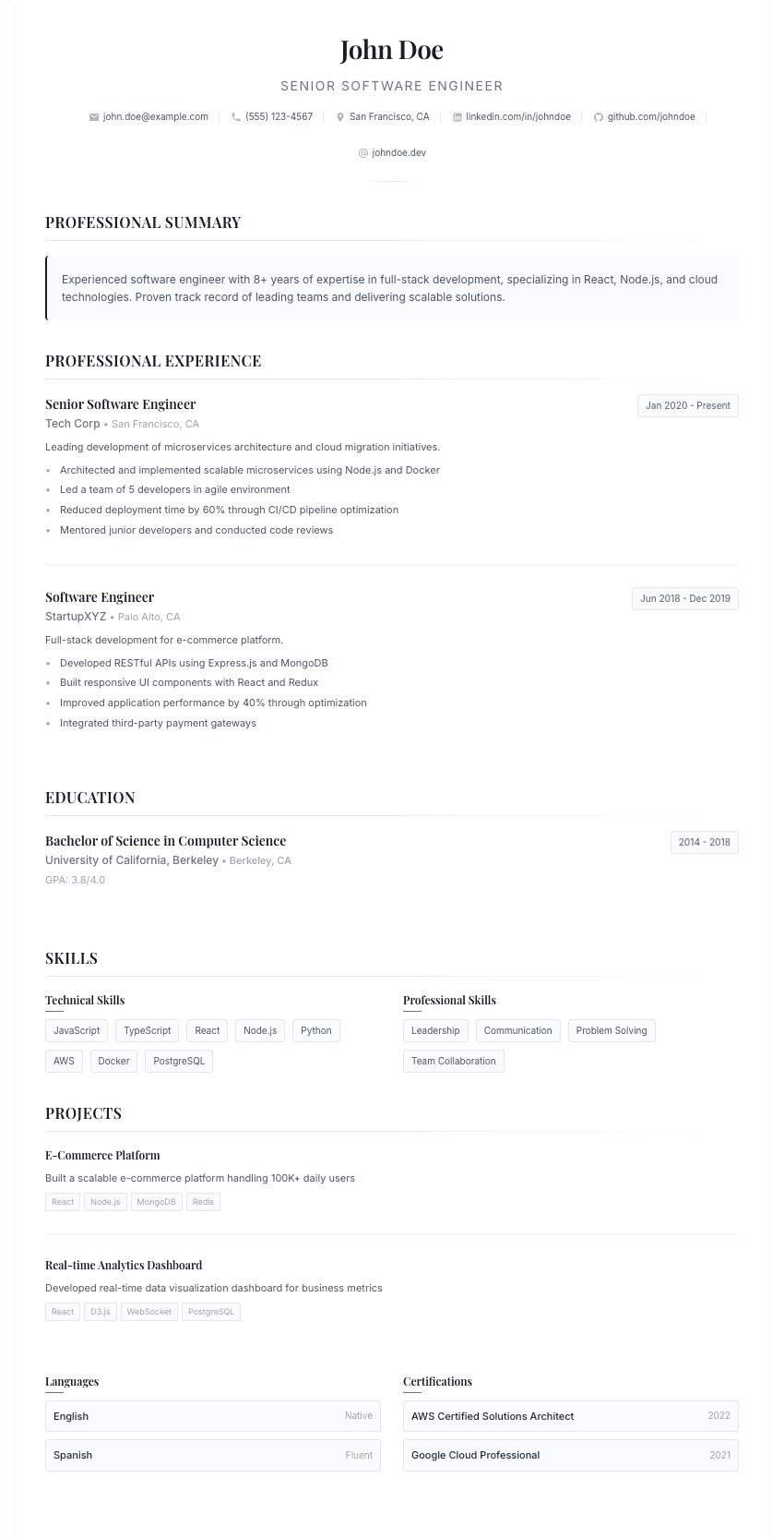 Minimalist Clean resume template - Ultra-clean layout with whitespace. Premium professional resume template for ATS optimization.