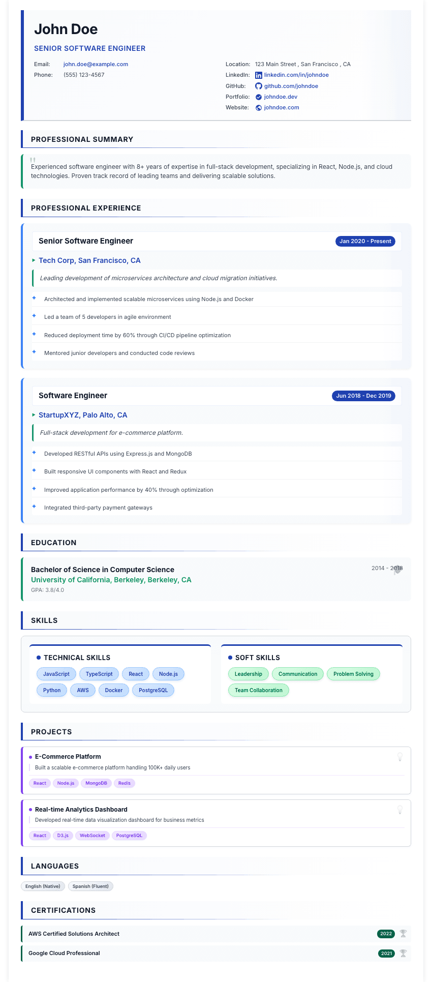 Modern Professional resume template - Clean, contemporary design. Free professional resume template for ATS optimization.