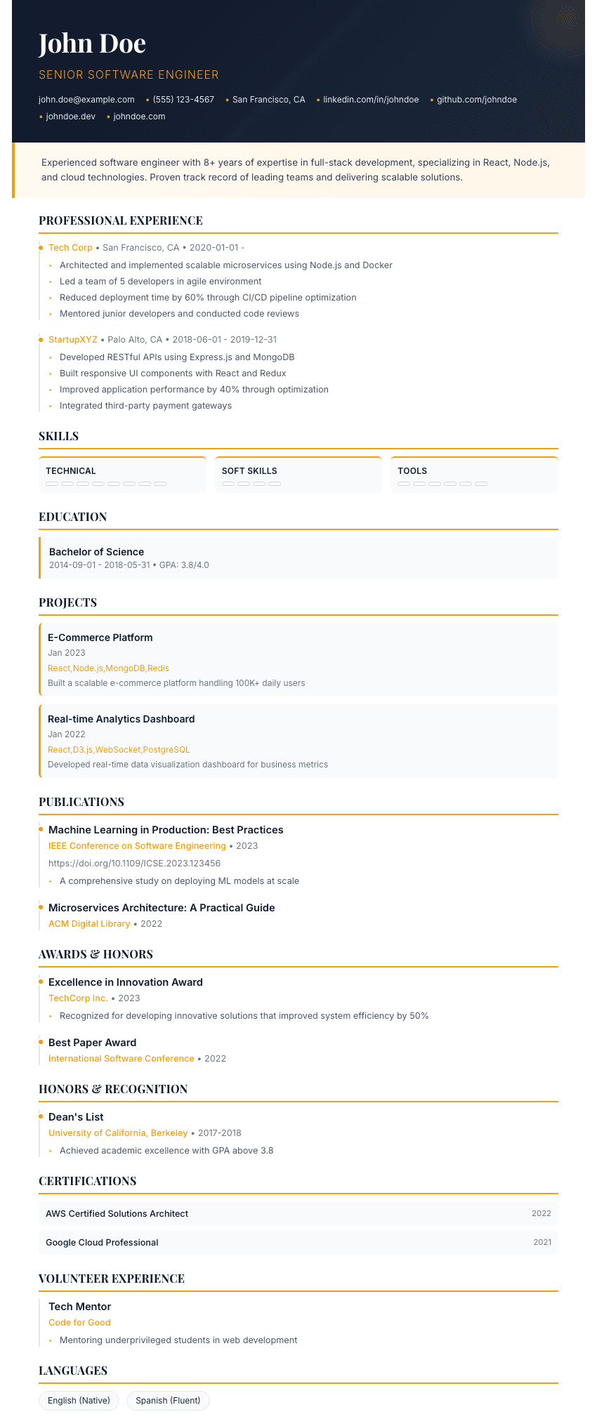 Paragon resume template - Stunning asymmetrical design with diagonal header, premium midnight blue & gold theme, and floating skill cards. Premium professional resume template for ATS optimization.