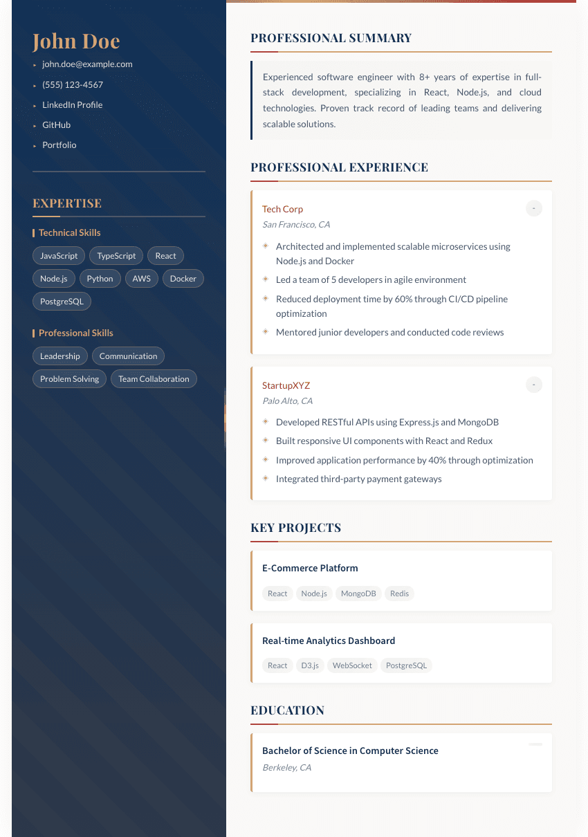 Paramount resume template - Cinematic design with navy/gold theme and sophisticated typography. Premium professional resume template for ATS optimization.