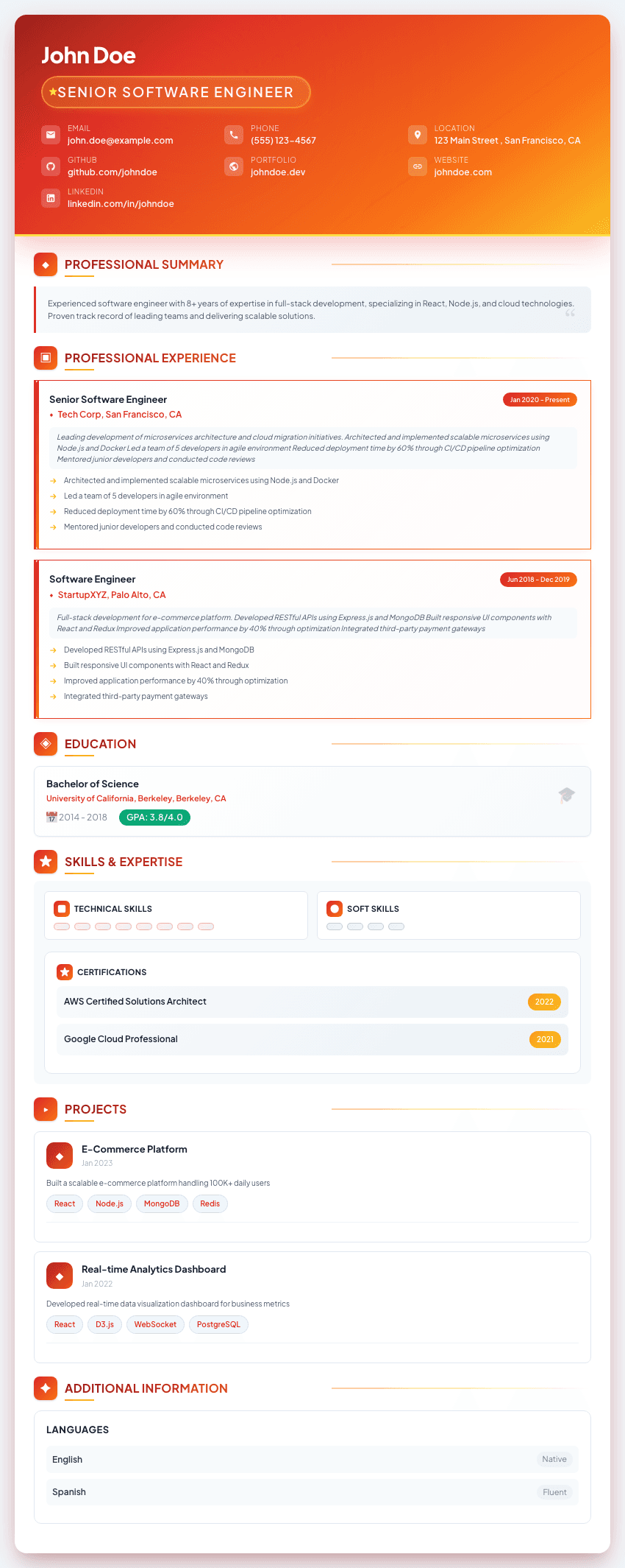 Prime resume template - Premium excellence design with ruby red to sunset orange gradients and golden highlights. Premium professional resume template for ATS optimization.