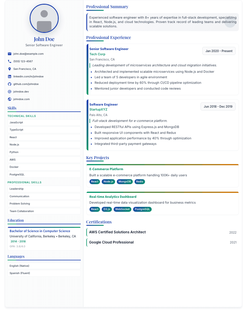 Pristine Professional resume template - Elegant 2-column layout with dedicated profile photo section. Premium professional resume template for ATS optimization.