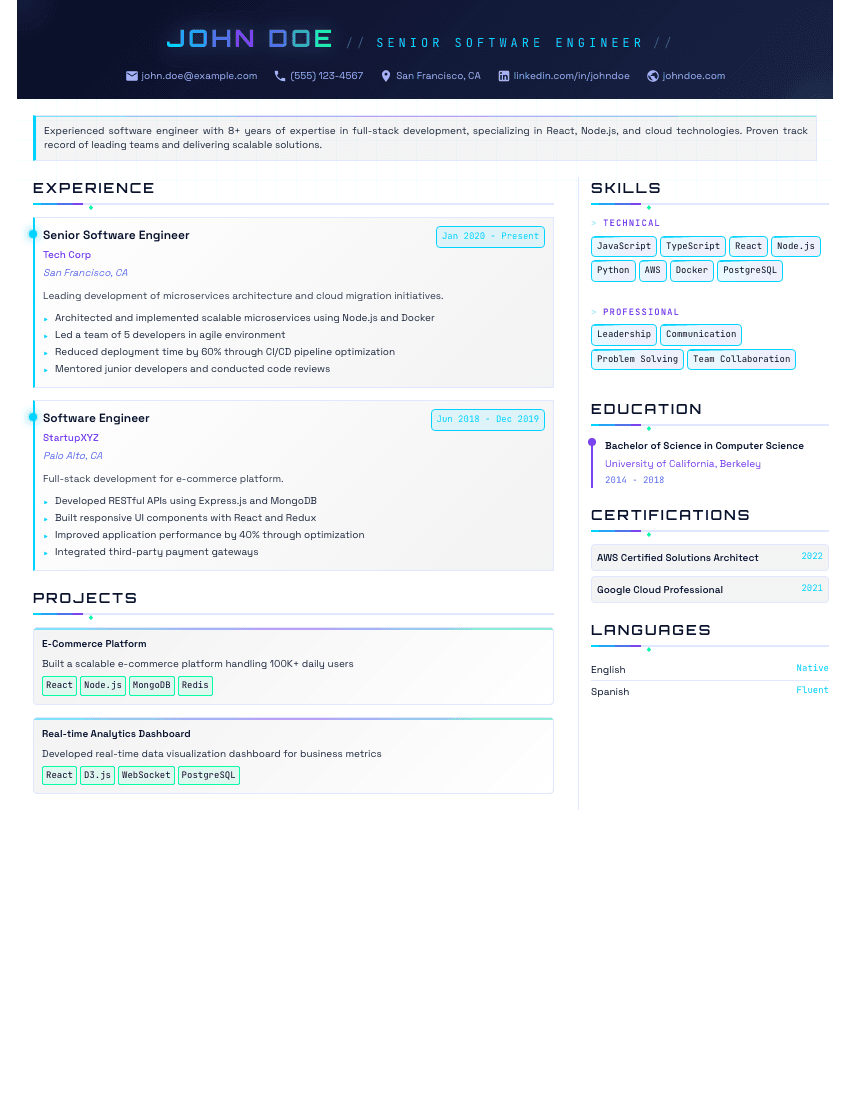 Quantum resume template - Futuristic tech-inspired design with quantum effects and gradients. Premium professional resume template for ATS optimization.