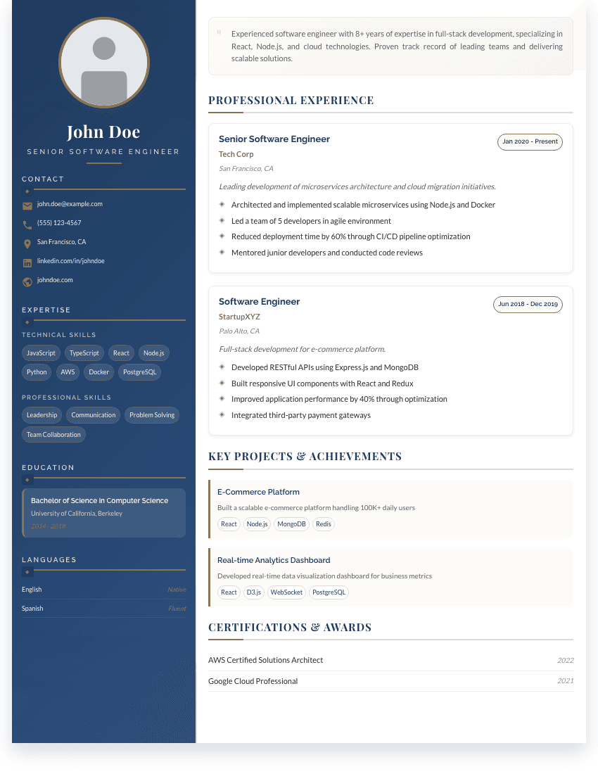 Signature Elite resume template - Premium design with sapphire/bronze accents and signature aesthetics. Premium professional resume template for ATS optimization.