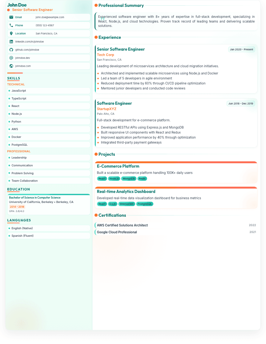 Stellar Modern resume template - Contemporary design with teal and coral accents. Premium professional resume template for ATS optimization.