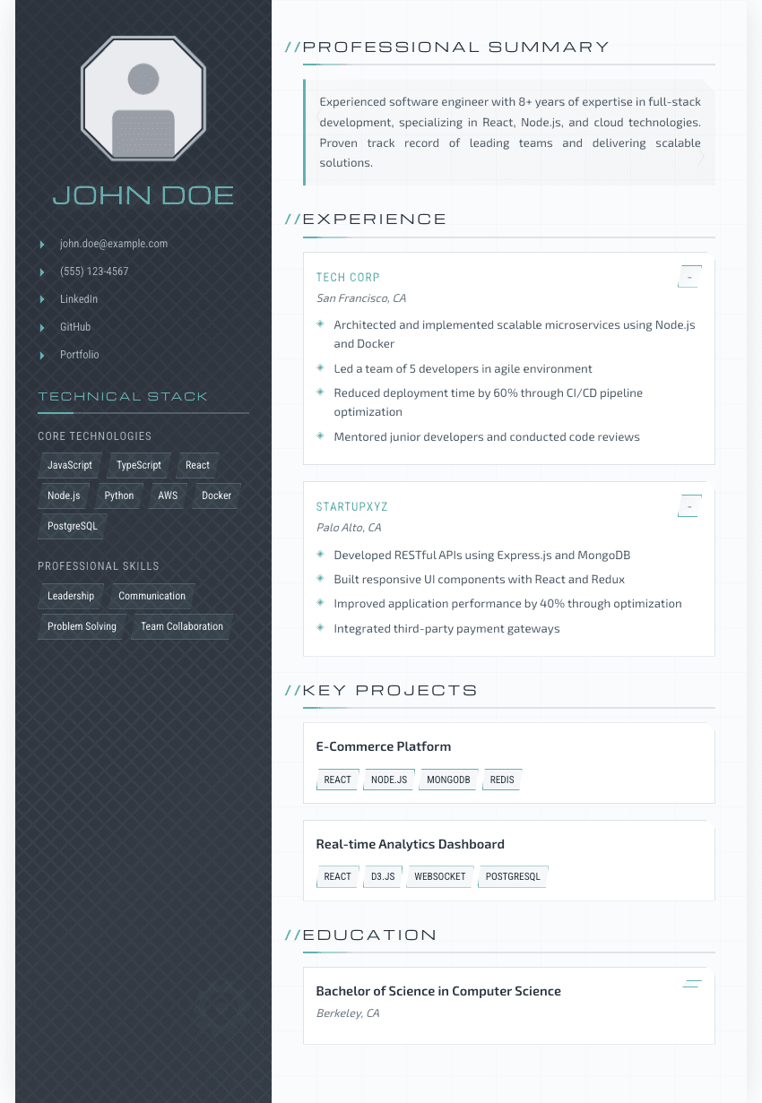 Titanium resume template - Industrial metallic design with titanium/steel theme, octagonal photo frame, and technical aesthetics. Premium professional resume template for ATS optimization.