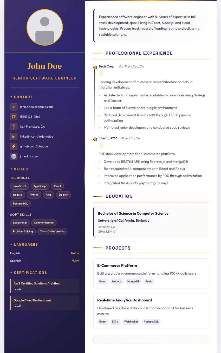 Zenith resume template - Peak professional design with purple/gold theme, hexagonal photo frame, and distinctive zenith-inspired styling. Premium professional resume template for ATS optimization.