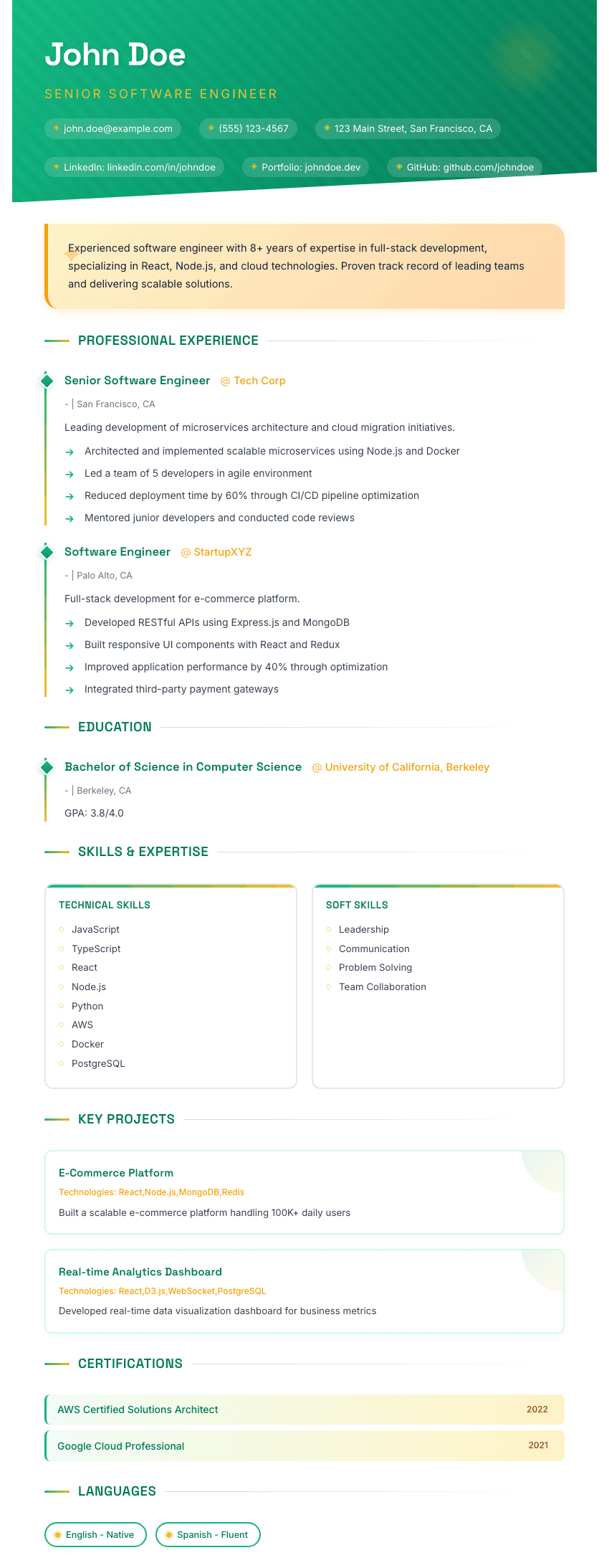 Innovator Resume Template - Modern Innovator resume template - Bold emerald design with modern aesthetics for forward-thinking professionals. Premium professional resume template for ATS optimization.